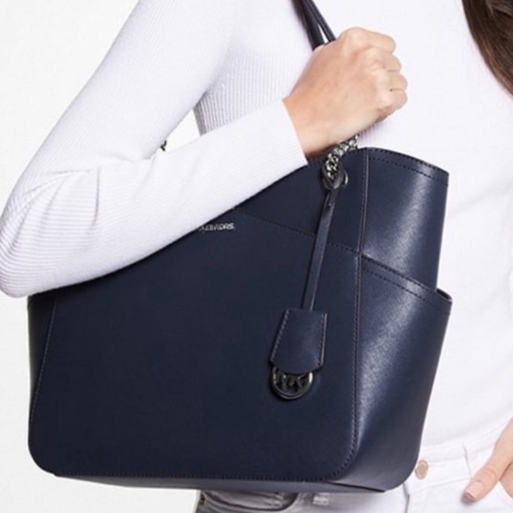 Michael Kors Jet Set Travel Large Saffiano Leather Chain Shoulder Tote Dark Navy - Picture 2 of 11